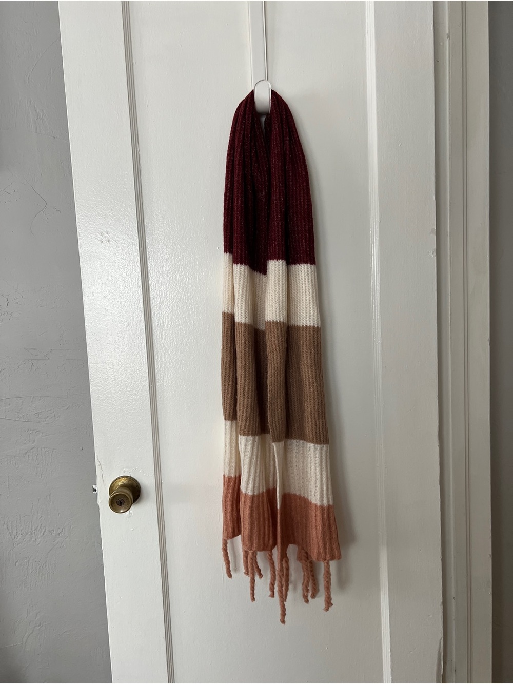 Striped Knit Scarf in Burgundy, Cream, Tan & Rust - Women's Accessory